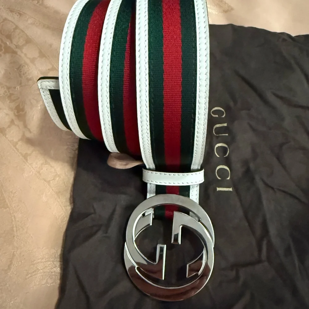 Gucci Green and Red Stripe Belt with GG Buckle - Picture 4 of 6